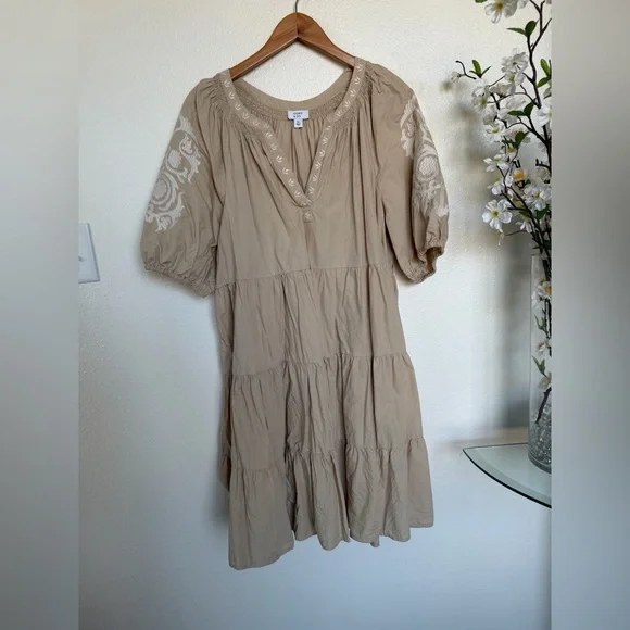 Crown & Ivy Tan Embroidered Puff-Sleeve Tiered Midi Dress - Picture 2 of 5